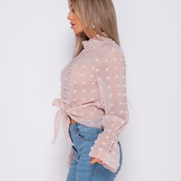 SIGNIFICANT OTHER Womens Beige Ruched Tie Polka Dot Long Sleeve V Neck Crop Top main image 1